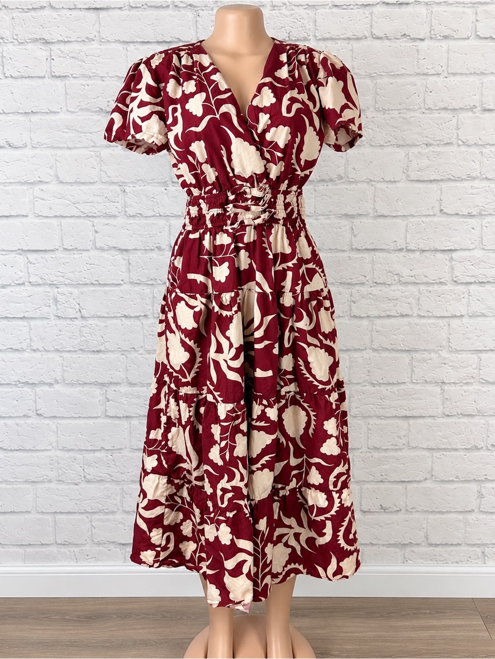 Meadow Rhodes Burgundy Cream Floral Cotton Tiered Midi Dress Large